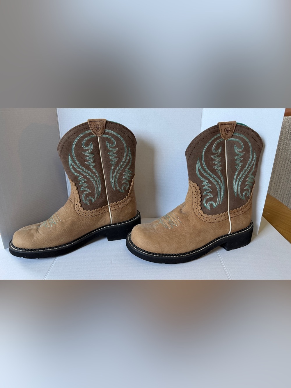 Ariat Tan & Brown Western Boots with Mint Embroidery